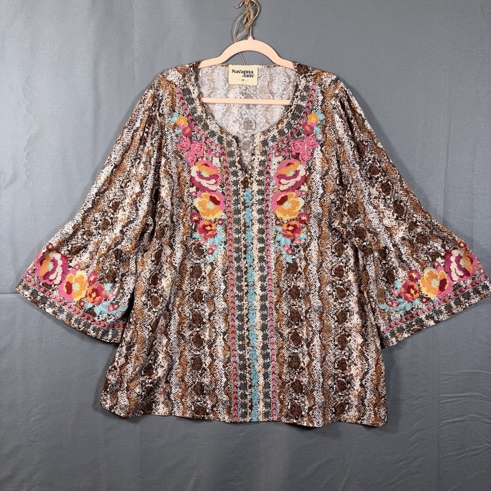 Savanna Jane Brown Multi Floral Embroidered V-Neck Blouse - Picture 2 of 9